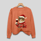 Sweatshirt Long Sleeve Soft Knit Cat & Santa Graphic
