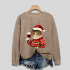 Sweatshirt Long Sleeve Soft Knit Cat & Santa Graphic
