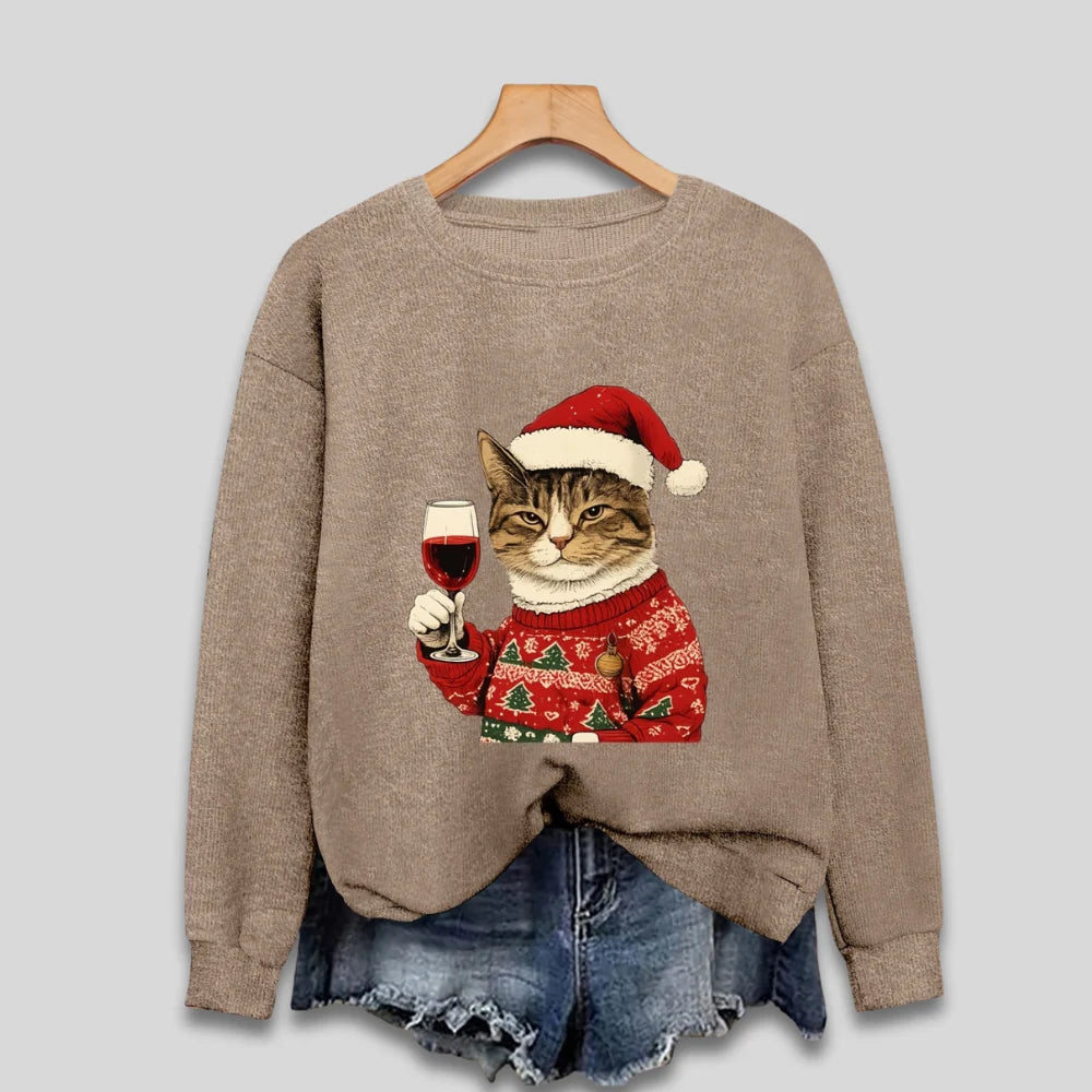 Sweatshirt Long Sleeve Soft Knit Cat & Santa Graphic