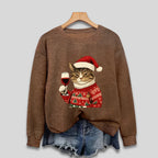 Sweatshirt Long Sleeve Soft Knit Cat & Santa Graphic