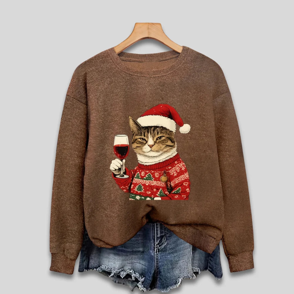 Sweatshirt Long Sleeve Soft Knit Cat & Santa Graphic