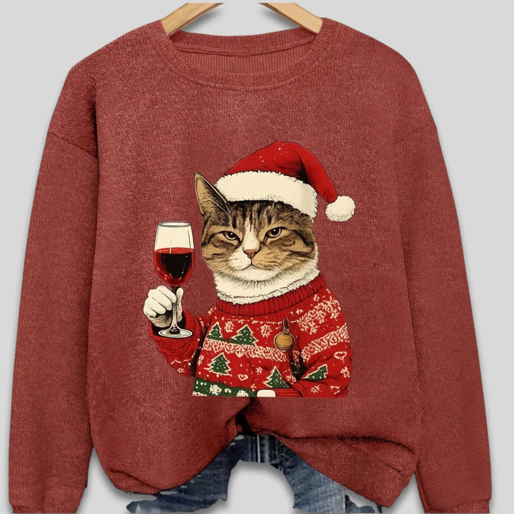 Sweatshirt Long Sleeve Soft Knit Cat & Santa Graphic