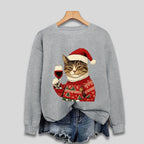 Sweatshirt Long Sleeve Soft Knit Cat & Santa Graphic