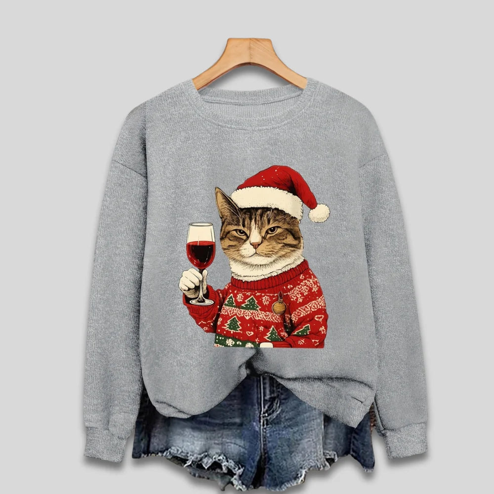 Sweatshirt Long Sleeve Soft Knit Cat & Santa Graphic
