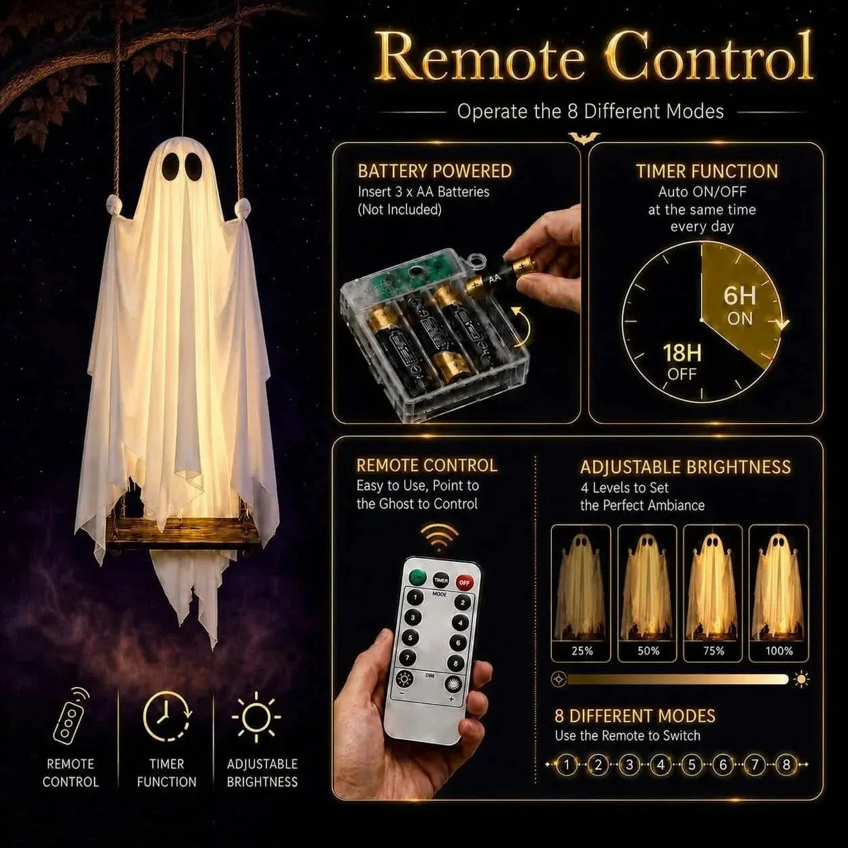 Swinging Ghost Light Wood Frame Remote-Controlled Multi-Mode LED