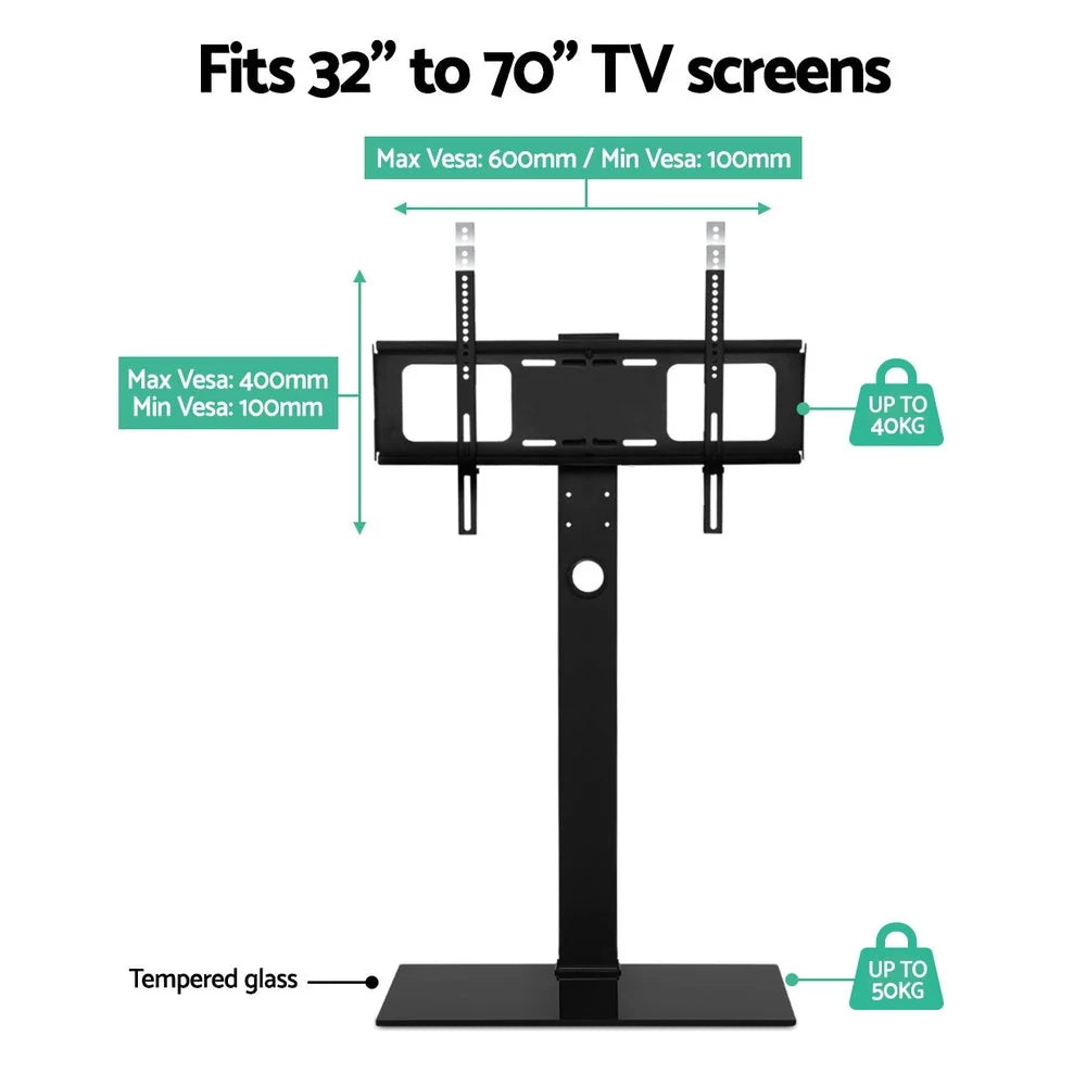 TV Floor Stand Adjustable Height Swivel Tempered Glass Shelf