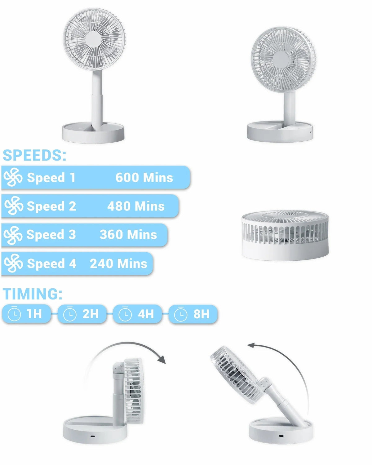 Table Fan Foldable USB Rechargeable 4 Speeds