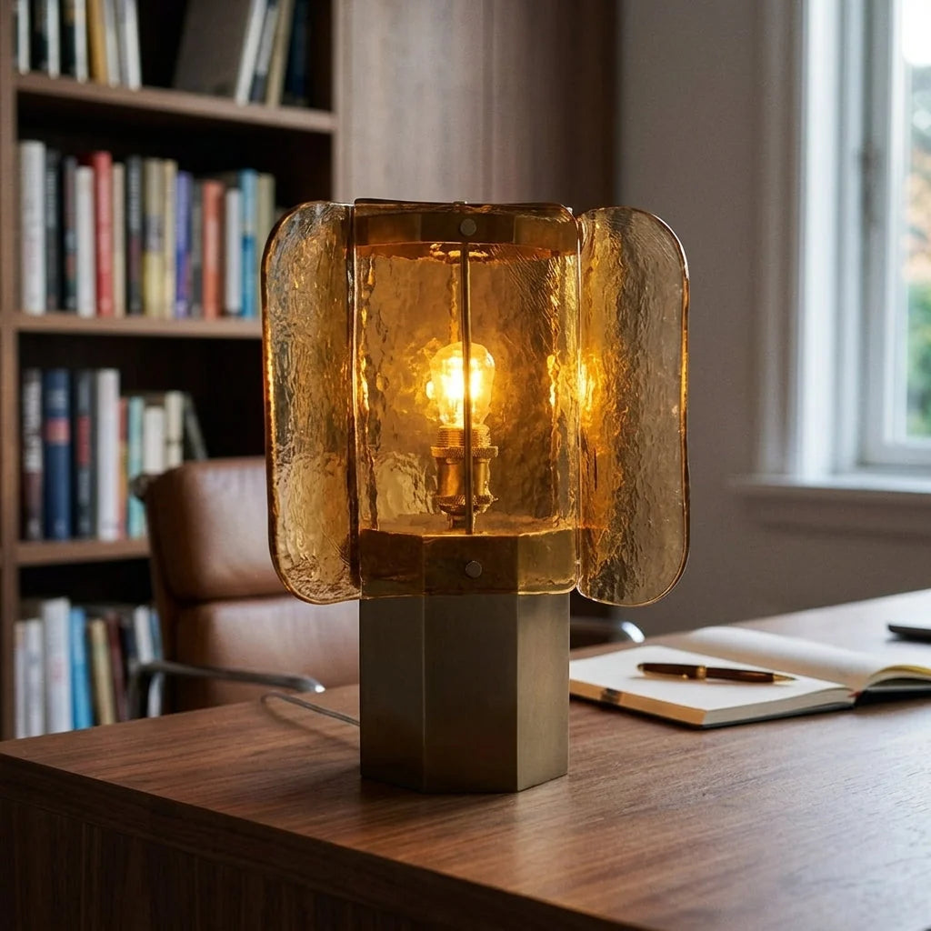 Table Lamp Amber Mosaic Shade Dimmable Weathered Copper Base
