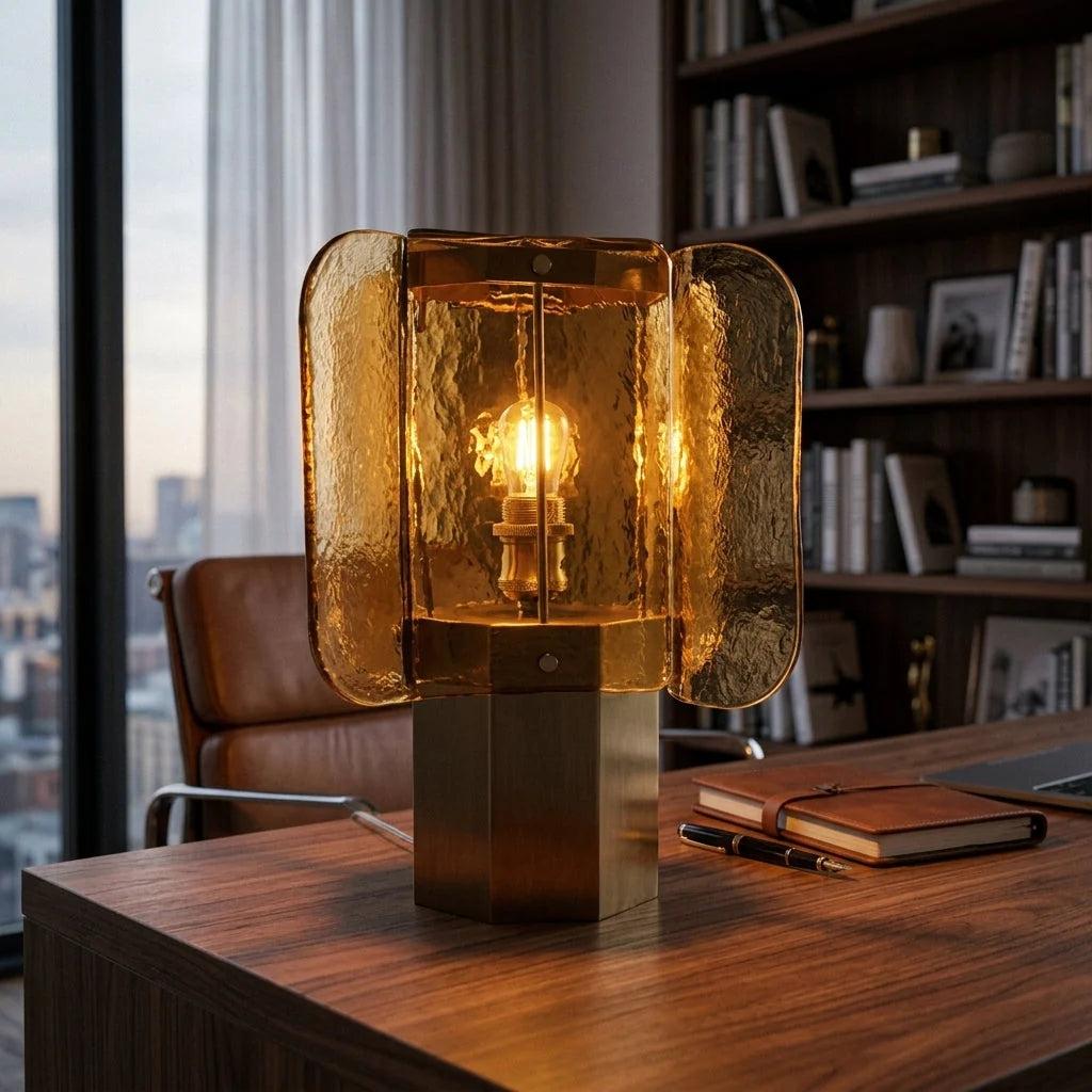 Table Lamp Amber Mosaic Shade Dimmable Weathered Copper Base