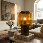 Table Lamp Amber Mosaic Shade Dimmable Weathered Copper Base