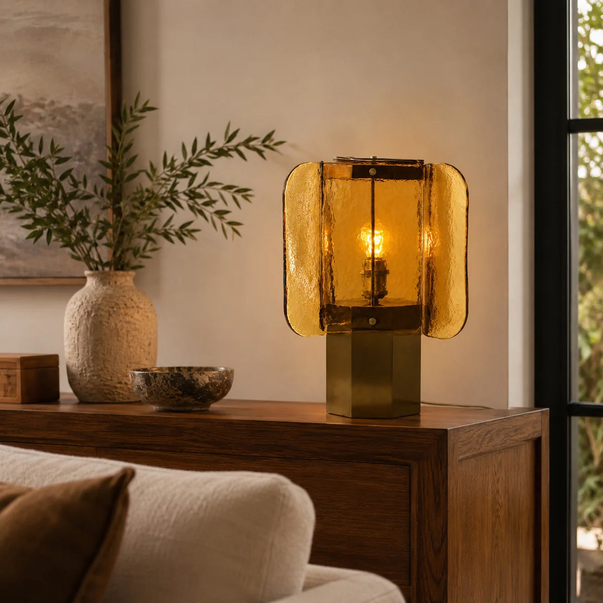 Table Lamp Amber Mosaic Shade Dimmable Weathered Copper Base