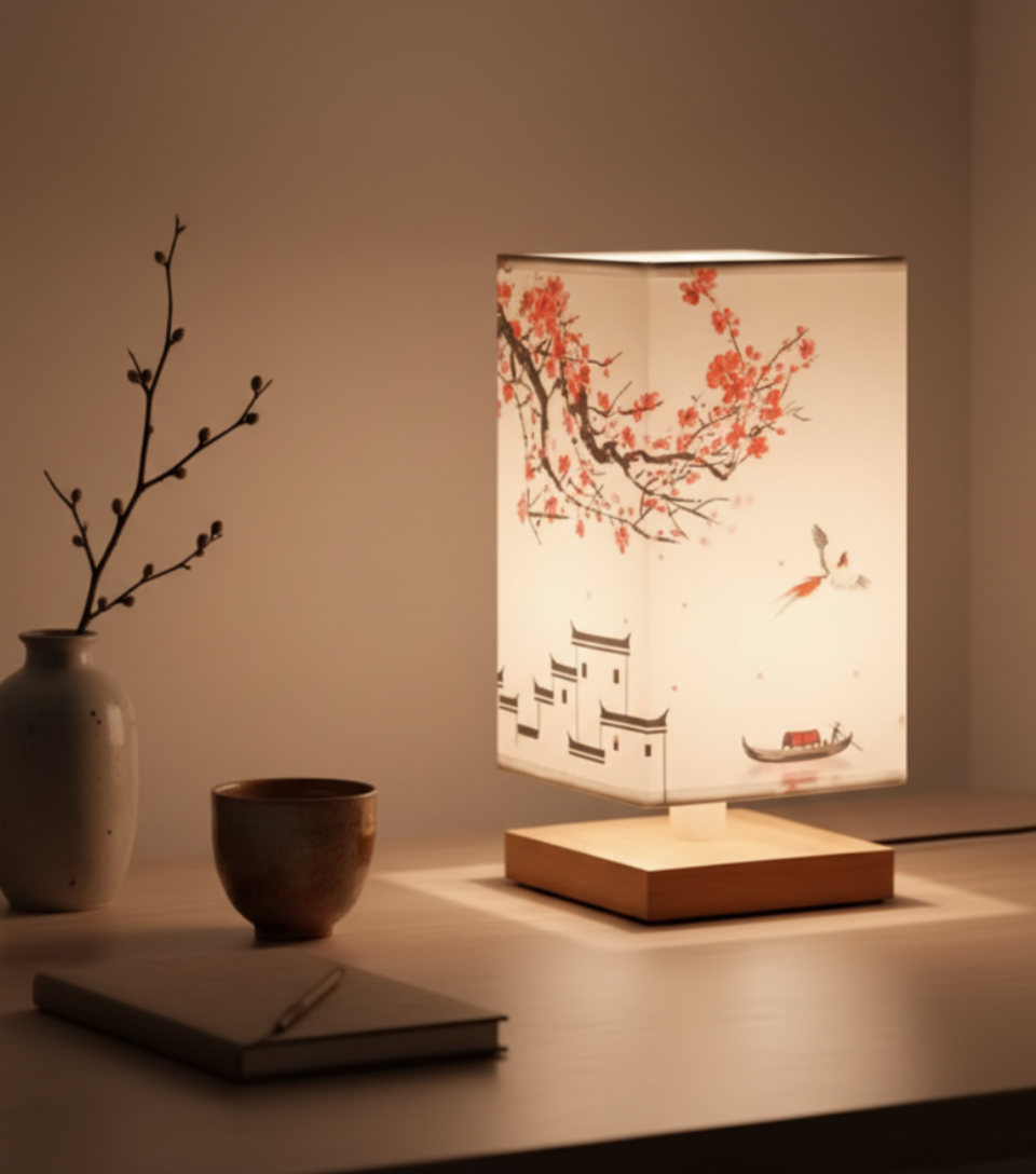 Table Lamp Bamboo Dimmable LED Fabric Shade