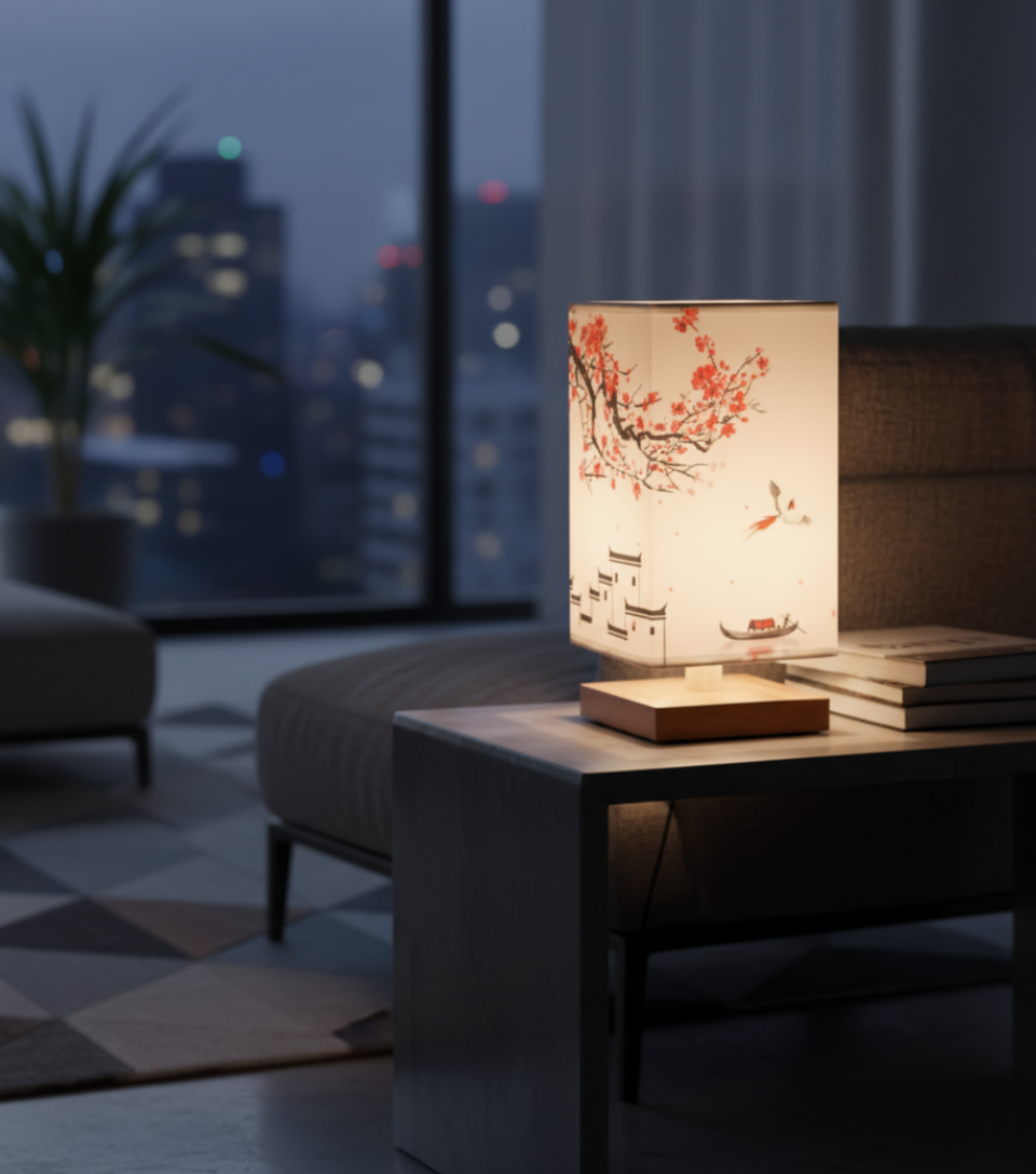 Table Lamp Bamboo Dimmable LED Fabric Shade
