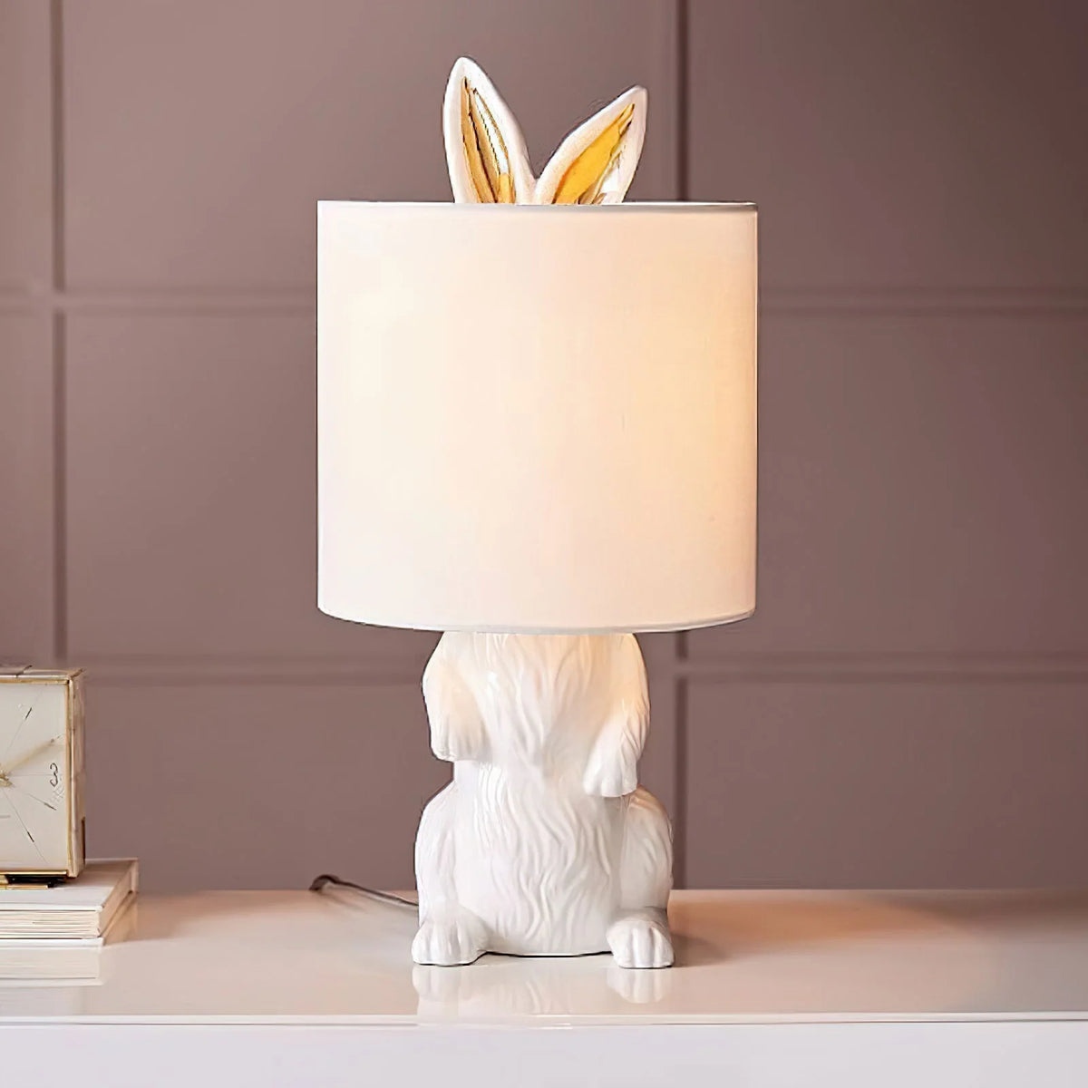 Table Lamp Bunny Resin Figurine Fabric Shade