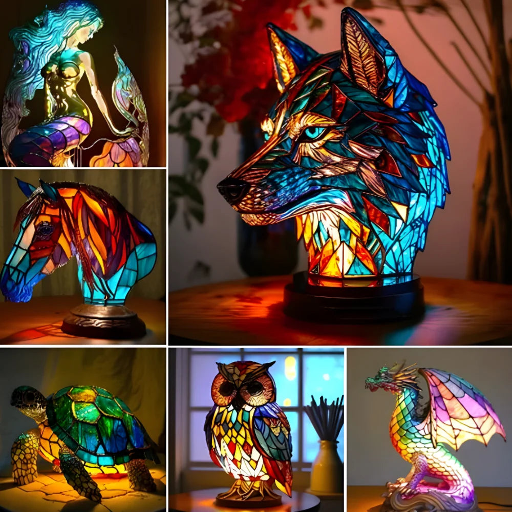 Table Lamp Colored Glass Animal Motif USB & Battery