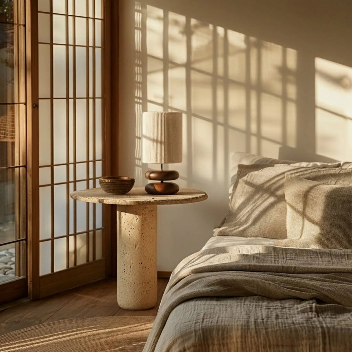 Table Lamp Dark Wood Base & Ribbed Fabric Shade