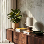 Table Lamp Dark Wood Base & Ribbed Fabric Shade