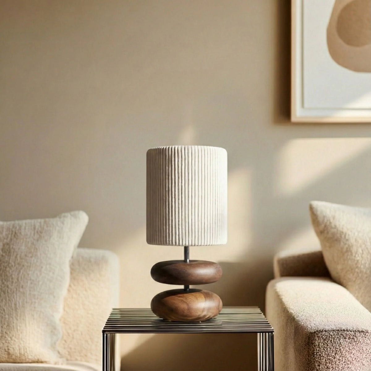Table Lamp Dark Wood Base & Ribbed Fabric Shade