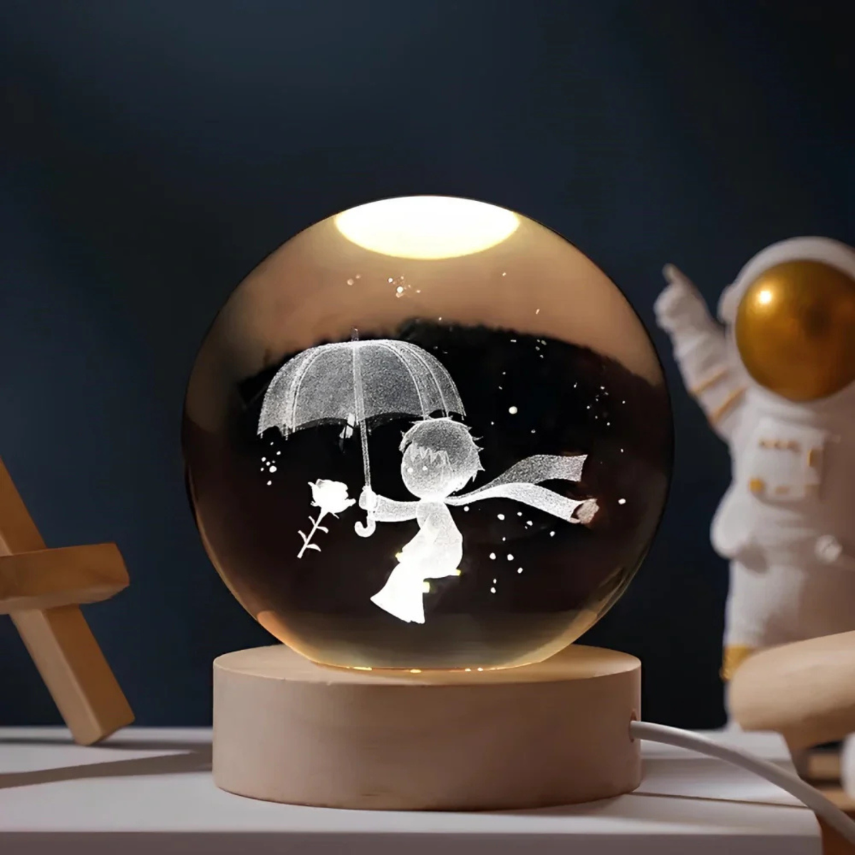 Table Lamp Engraved Glass Orb Warm White LED