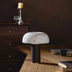 Table Lamp Faux Alabaster Shade Woven Leather Base