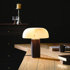 Table Lamp Faux Alabaster Shade Woven Leather Base
