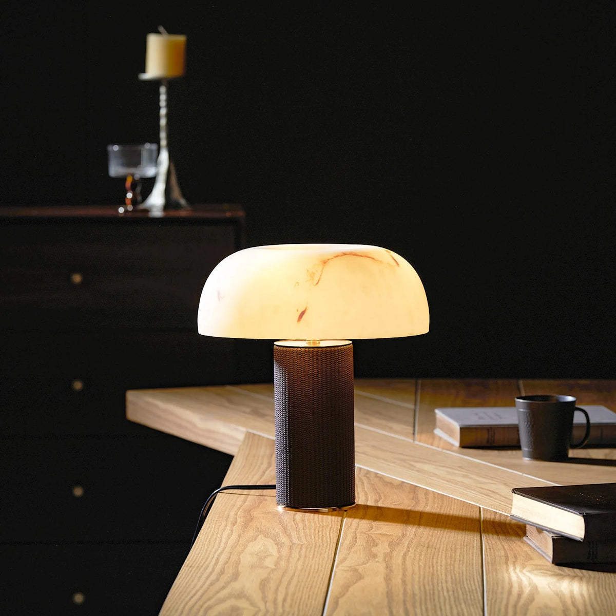 Table Lamp Faux Alabaster Shade Woven Leather Base