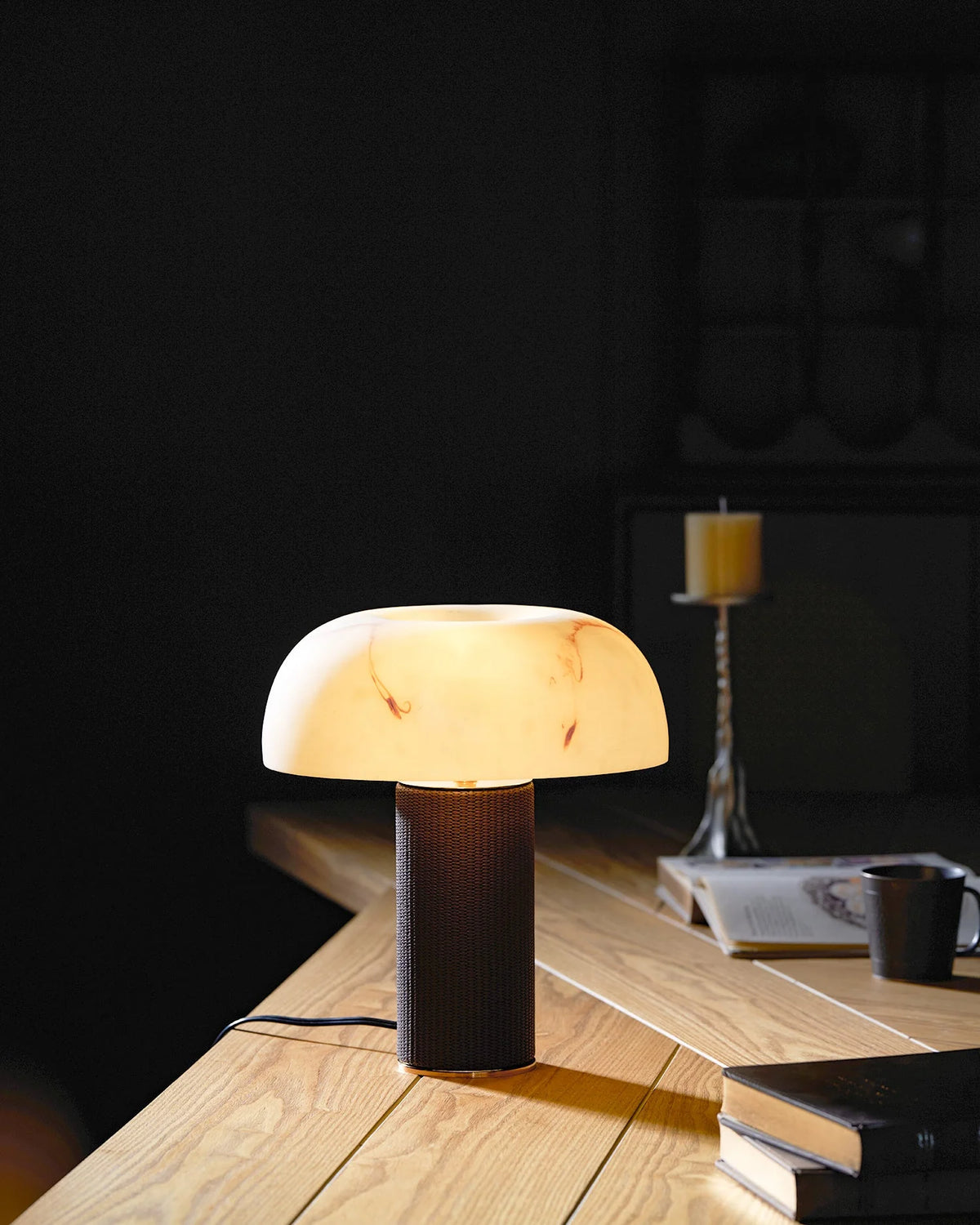 Table Lamp Faux Alabaster Shade Woven Leather Base