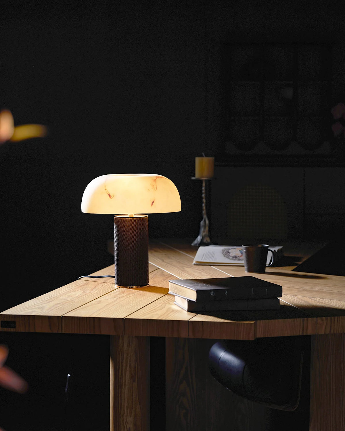 Table Lamp Faux Alabaster Shade Woven Leather Base