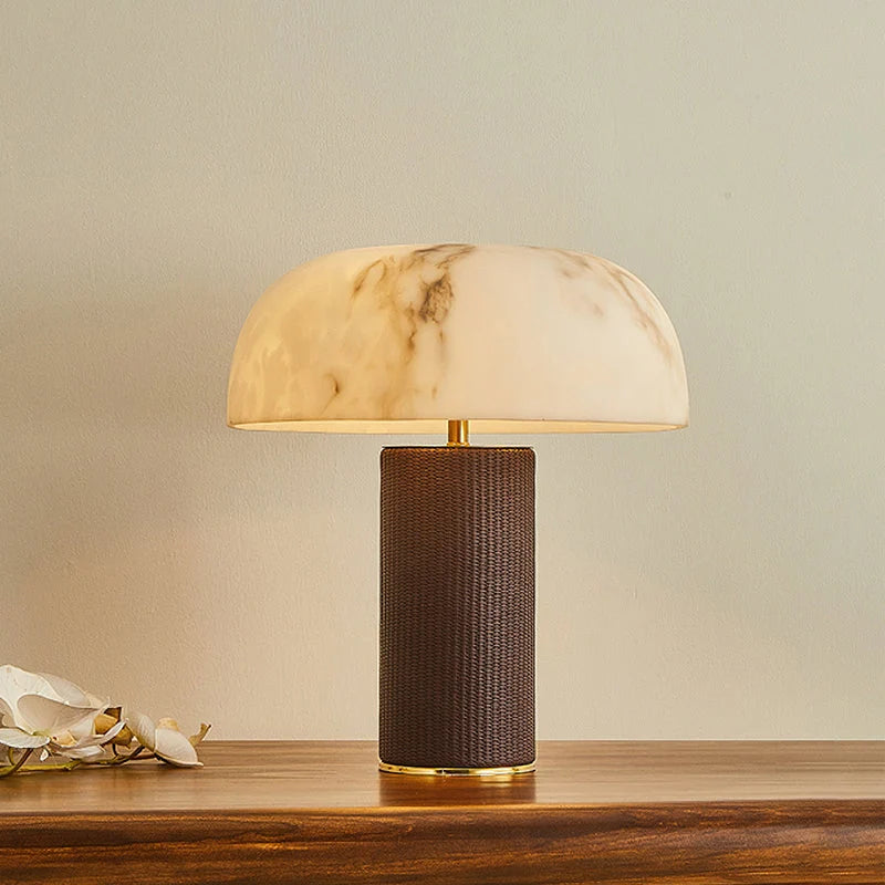 Table Lamp Faux Alabaster Shade Woven Leather Base