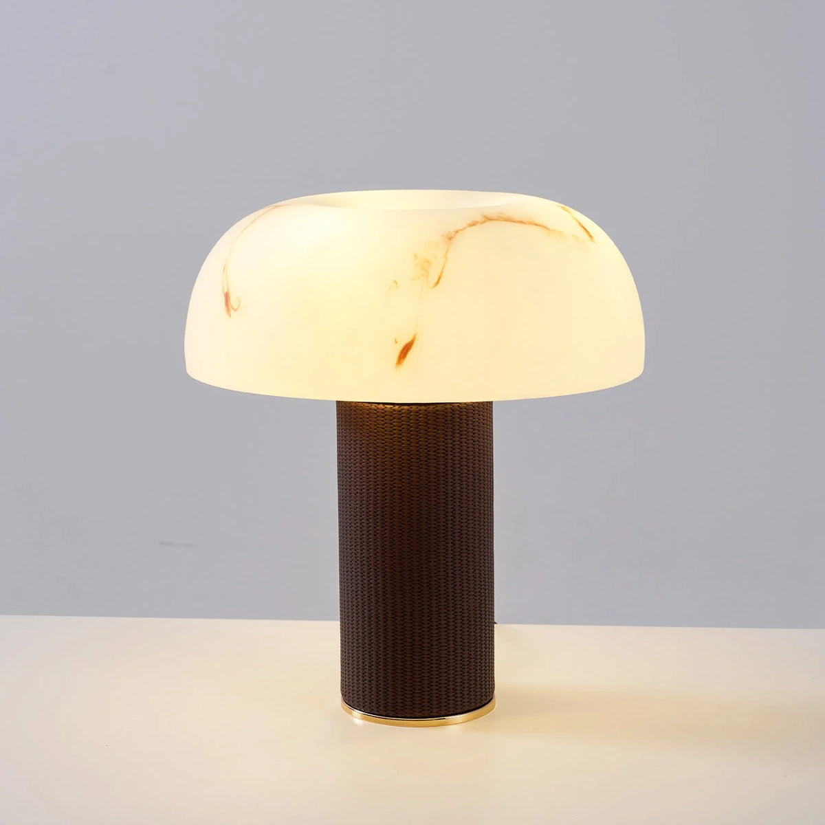 Table Lamp Faux Alabaster Shade Woven Leather Base