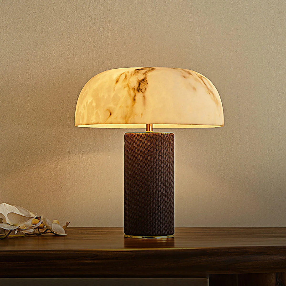 Table Lamp Faux Alabaster Shade Woven Leather Base