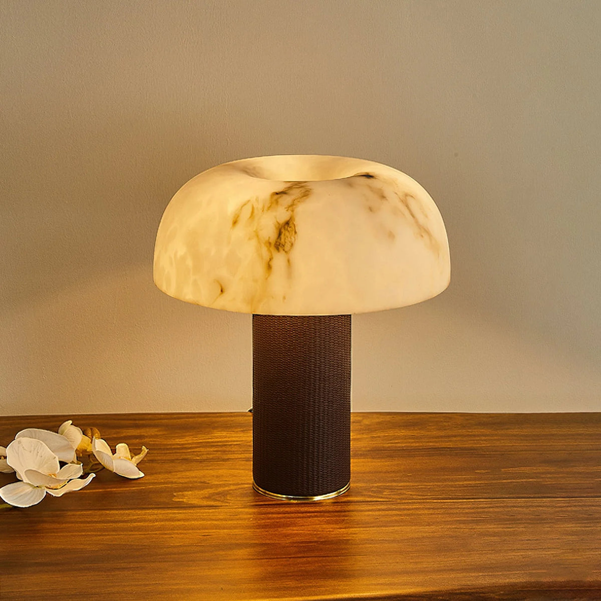 Table Lamp Faux Alabaster Shade Woven Leather Base
