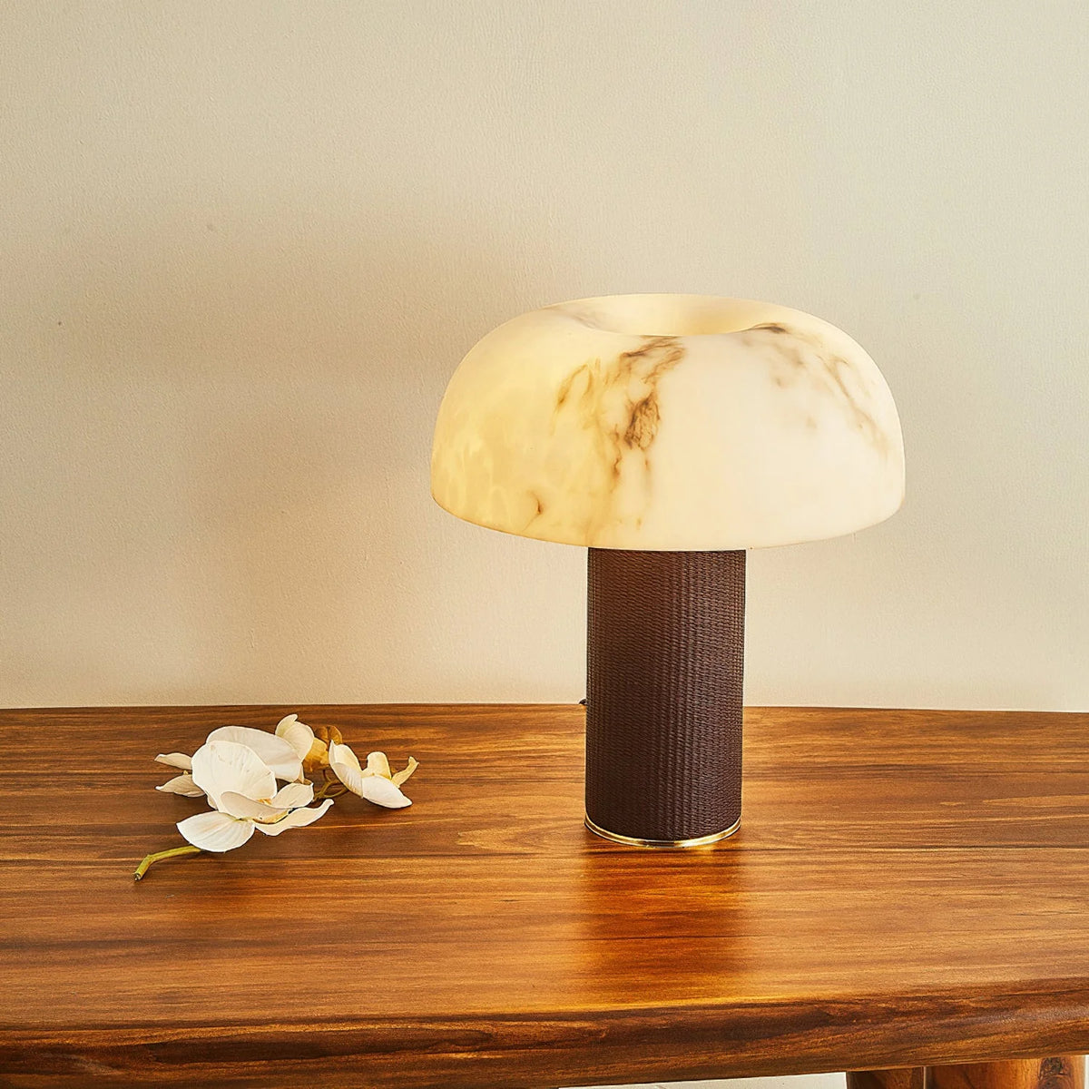 Table Lamp Faux Alabaster Shade Woven Leather Base
