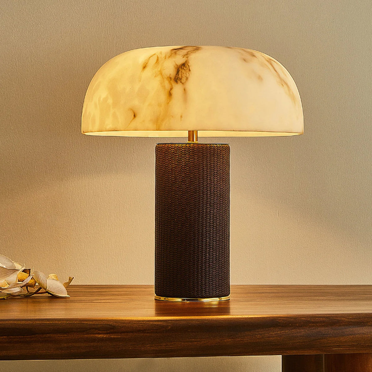 Table Lamp Faux Alabaster Shade Woven Leather Base