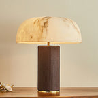 Table Lamp Faux Alabaster Shade Woven Leather Base