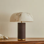 Table Lamp Faux Alabaster Shade Woven Leather Base