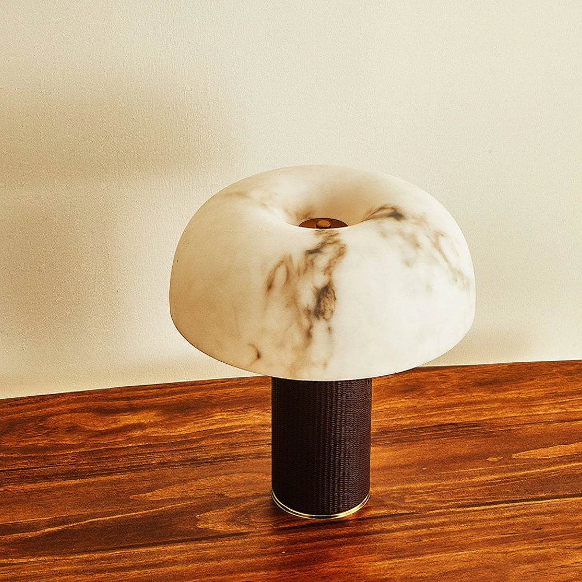 Table Lamp Faux Alabaster Shade Woven Leather Base