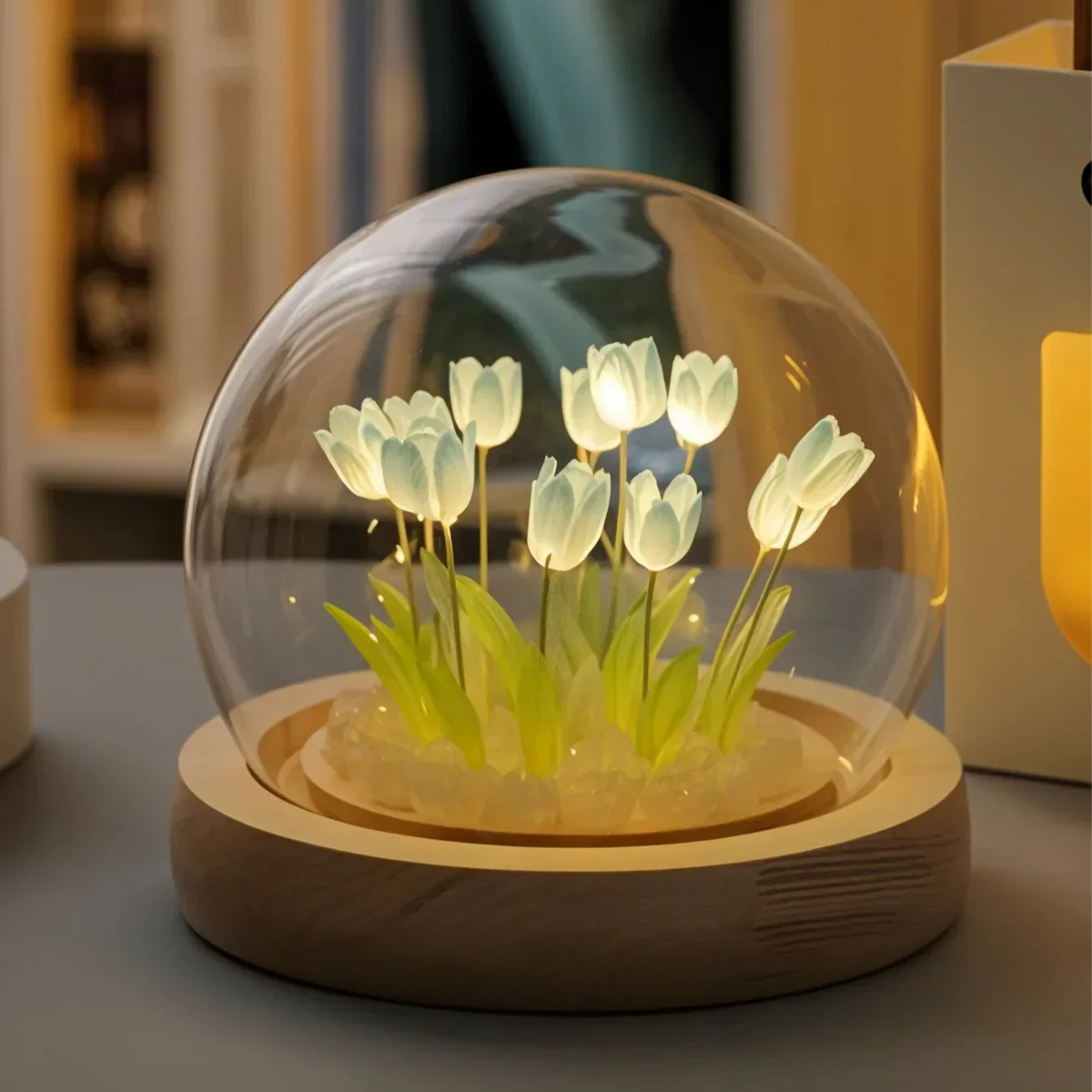 Table Lamp Glass Dome Tulips Battery Powered Warm White