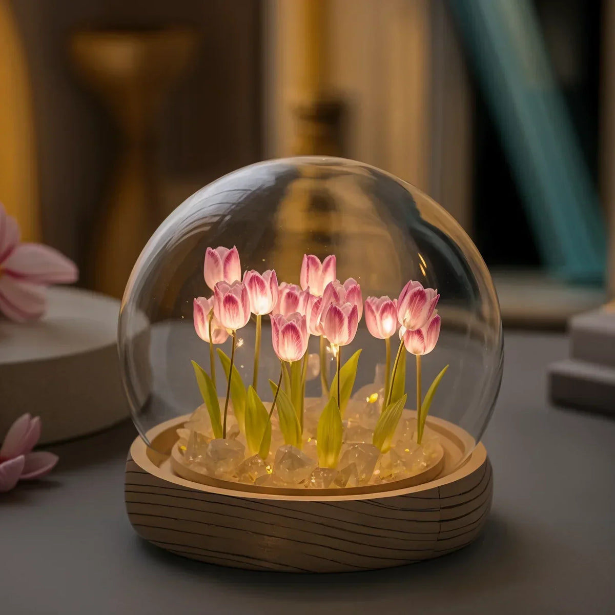 Table Lamp Glass Dome Tulips Battery Powered Warm White