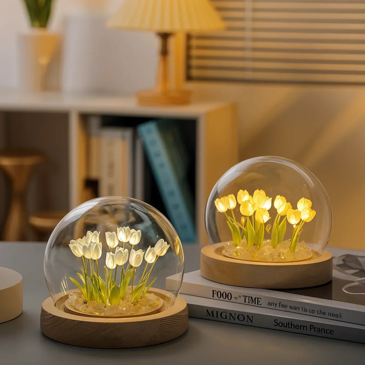 Table Lamp Glass Dome Tulips Battery Powered Warm White