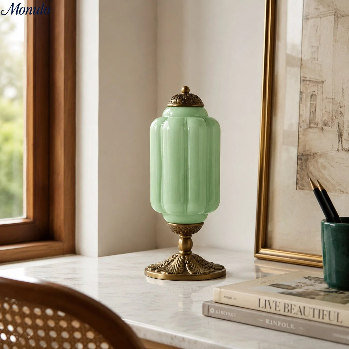 Table Lamp Hand-Blown Glass Shade Brass Or Matte Black