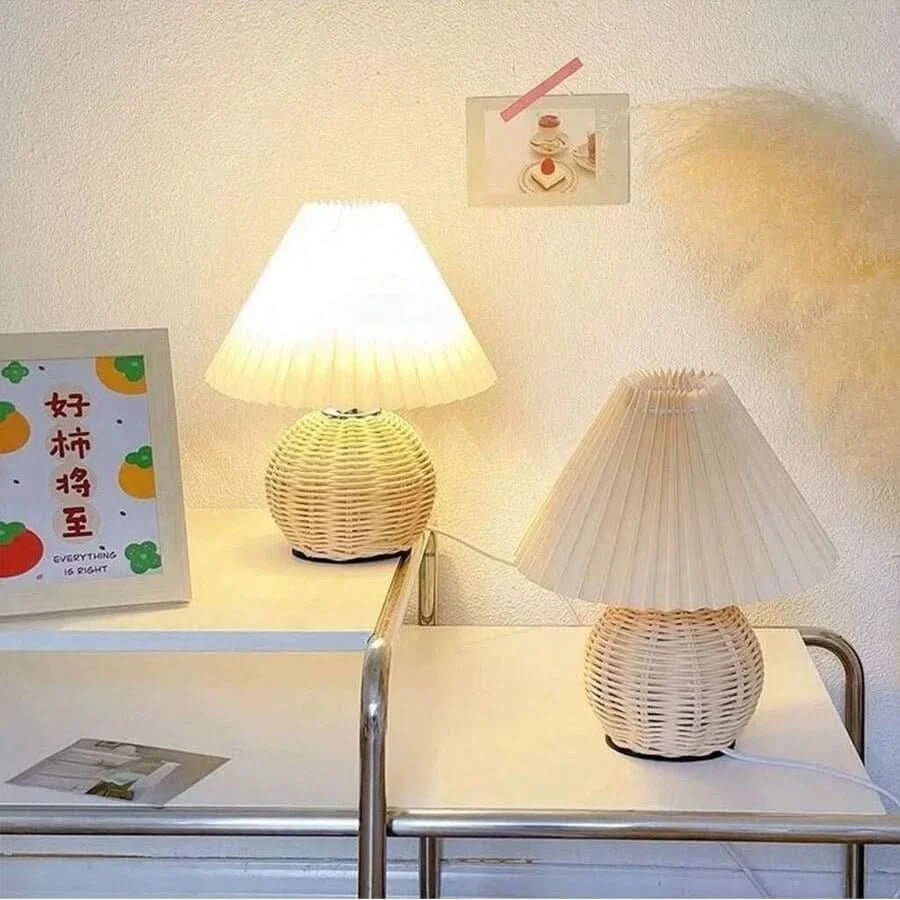 Table Lamp Handcrafted Rattan Warm Dimmable LED USB Powered