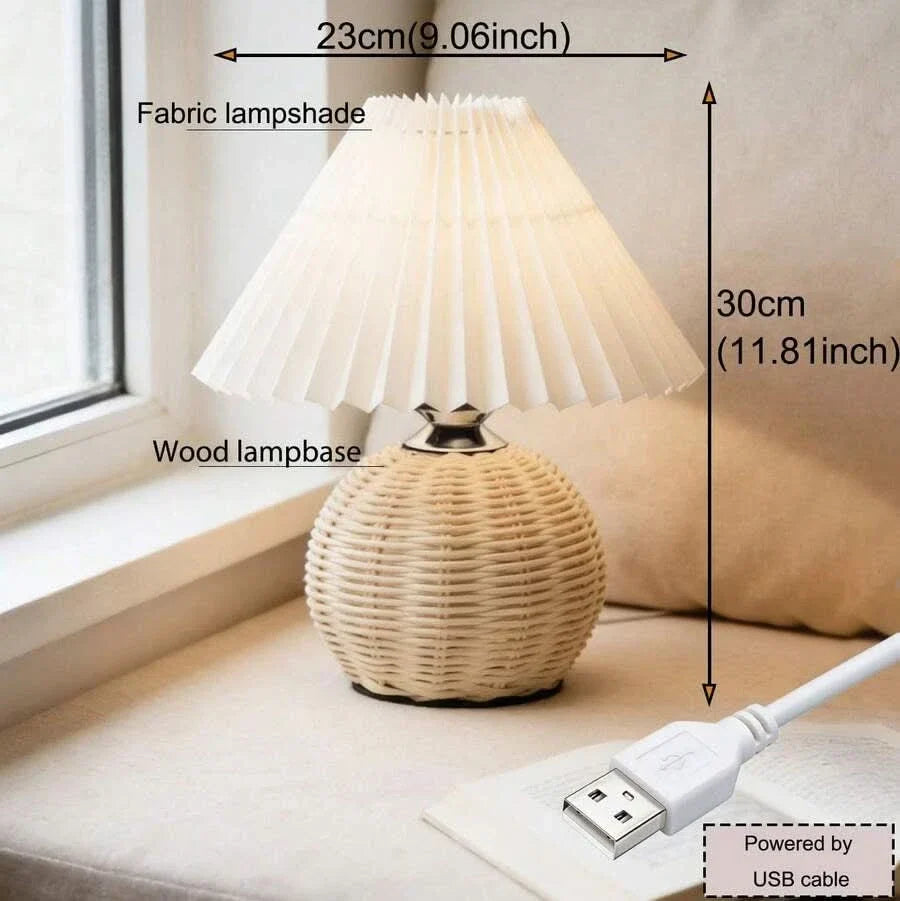 Table Lamp Handcrafted Rattan Warm Dimmable LED USB Powered