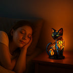 Table Lamp Handcrafted Stained Glass Cat Warm Glow