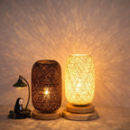 Table Lamp Handwoven Rattan Shade Solid Wood Base Integrated LED