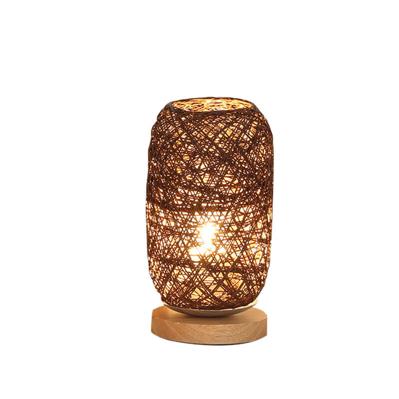 Table Lamp Handwoven Rattan Shade Solid Wood Base Integrated LED