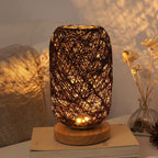 Table Lamp Handwoven Rattan Shade Solid Wood Base Integrated LED