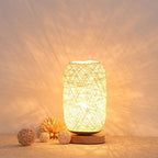 Table Lamp Handwoven Rattan Shade Solid Wood Base Integrated LED