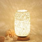Table Lamp Handwoven Rattan Shade Solid Wood Base Integrated LED