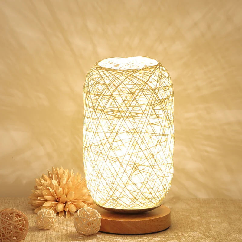 Table Lamp Handwoven Rattan Shade Solid Wood Base Integrated LED